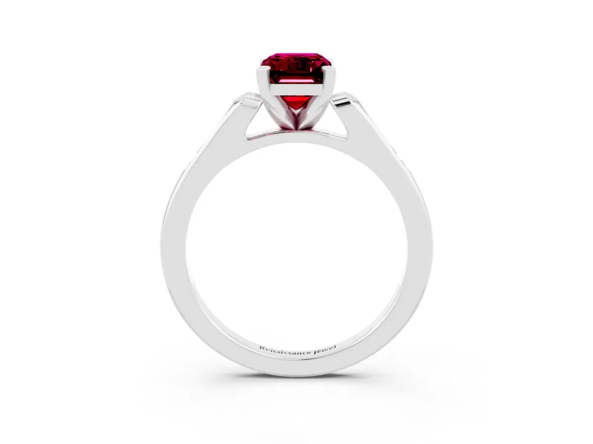 Emerald Cut Garnet Solitaire Ring with Channel Set Round Band and Prong Setting Silver