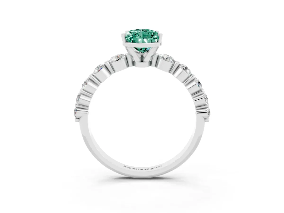 Pear Cut Solitaire Green Sapphire Ring with Pave Band and Four-Prong Setting Silver