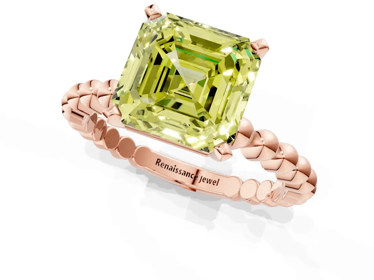 Fancy Yellow Asscher Cut Diamond Solitaire Ring with Beaded Band and Prong Setting Rose gold