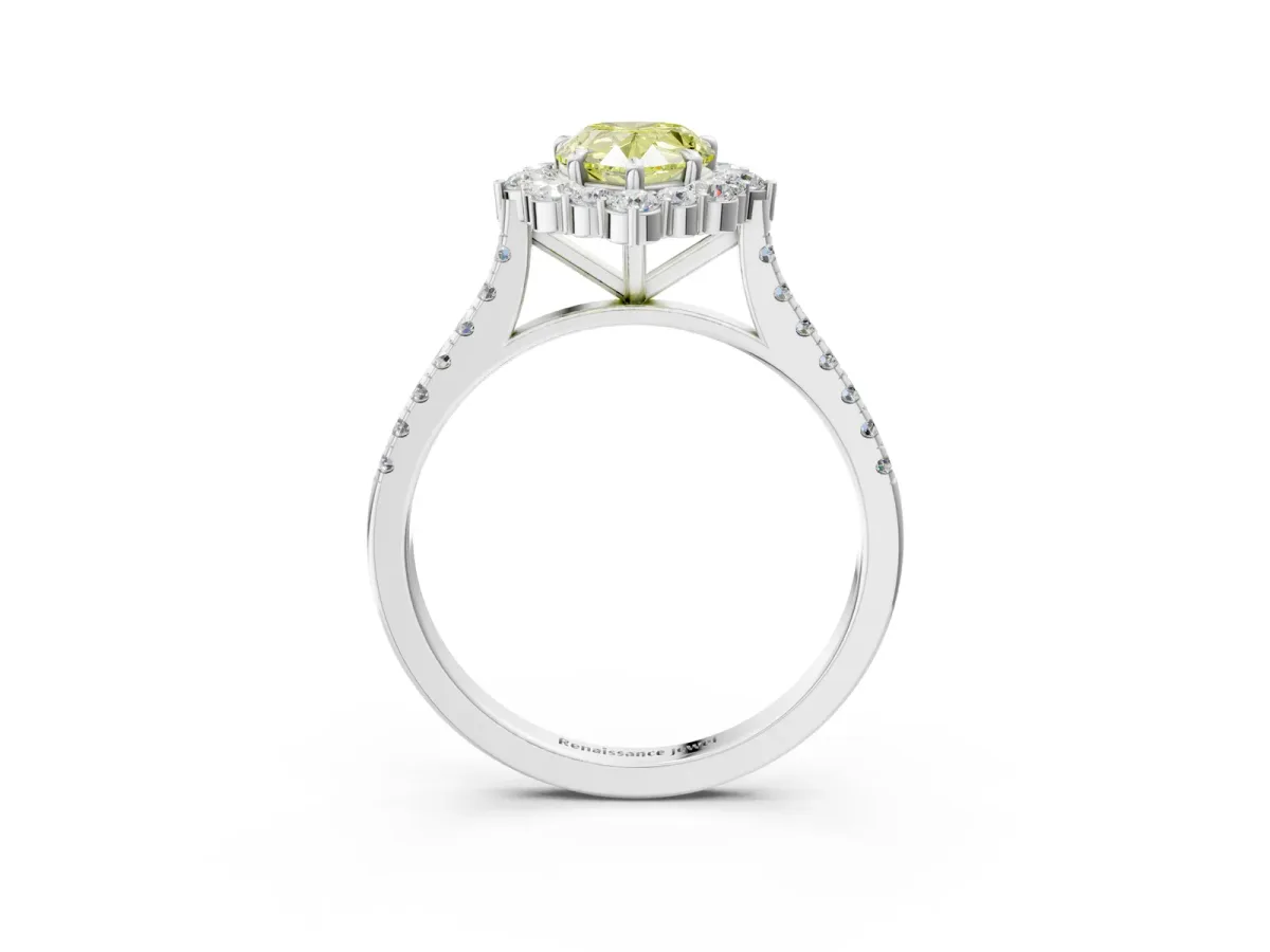 Fancy Yellow Pear Cut Halo Diamond Ring with Pavé Band and Prong Setting Silver