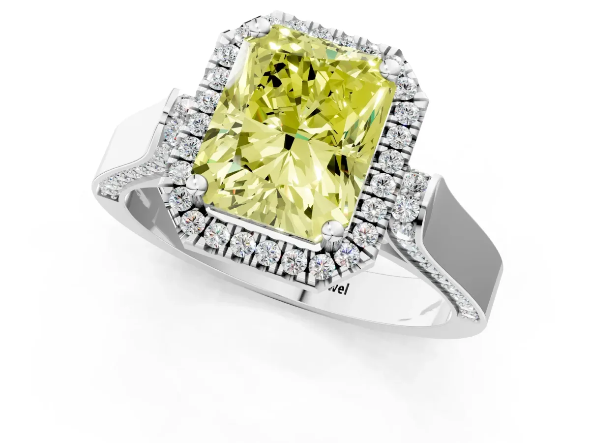 Fancy Yellow Radiant Cut Halo Pave Split Shank Prong Setting Ring Platinum