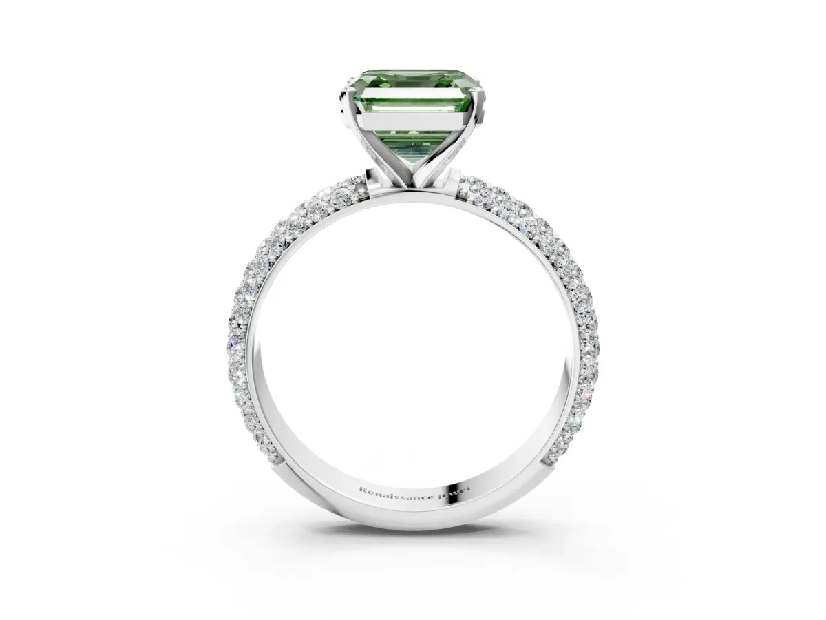 Fancy Green Asscher Cut Diamond Solitaire Ring with Prong Setting and Pavé Band Platinum