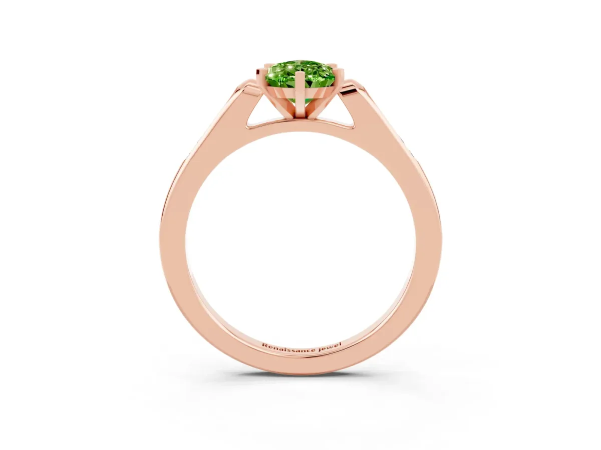 Pear Cut Peridot Solitaire Ring with Channel Set Round Band and Prong Setting Rose gold