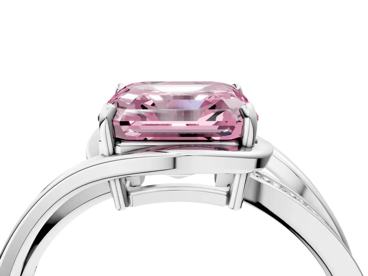 Fancy Pink Asscher Cut Diamond Solitaire Ring with Split Shank and Prong Setting Platinum