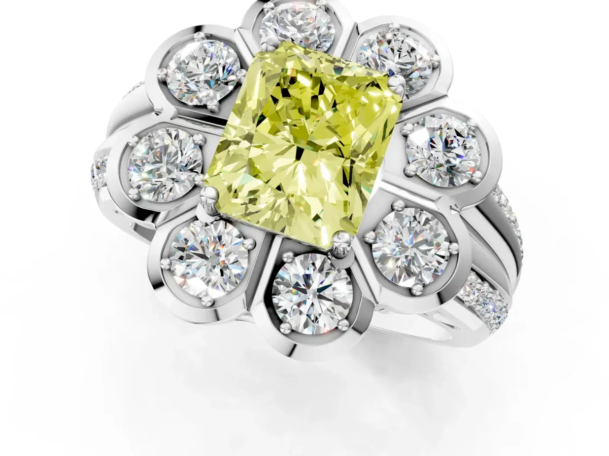 Fancy Yellow Radiant Cut Brilliant Flower Halo Diamond Split Shank Ring Platinum