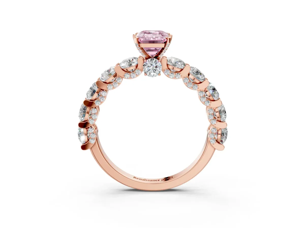 Fancy Pink Emerald Cut Diamond Side Stone Engagement Ring with Four-Prong Setting Rose gold