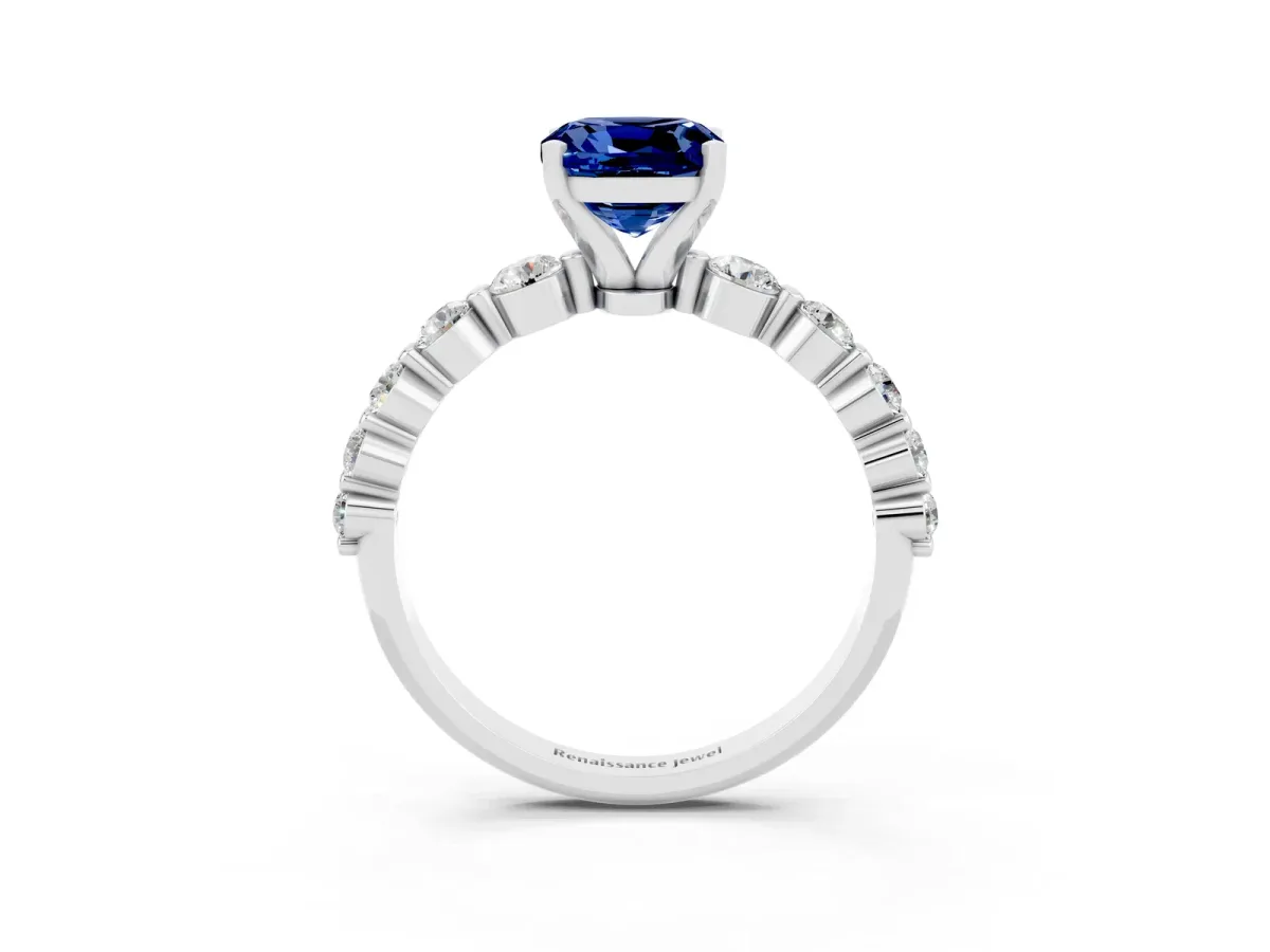 Cushion Cut Solitaire Blue Sapphire Ring with Pave Band and Four-Prong Setting Silver