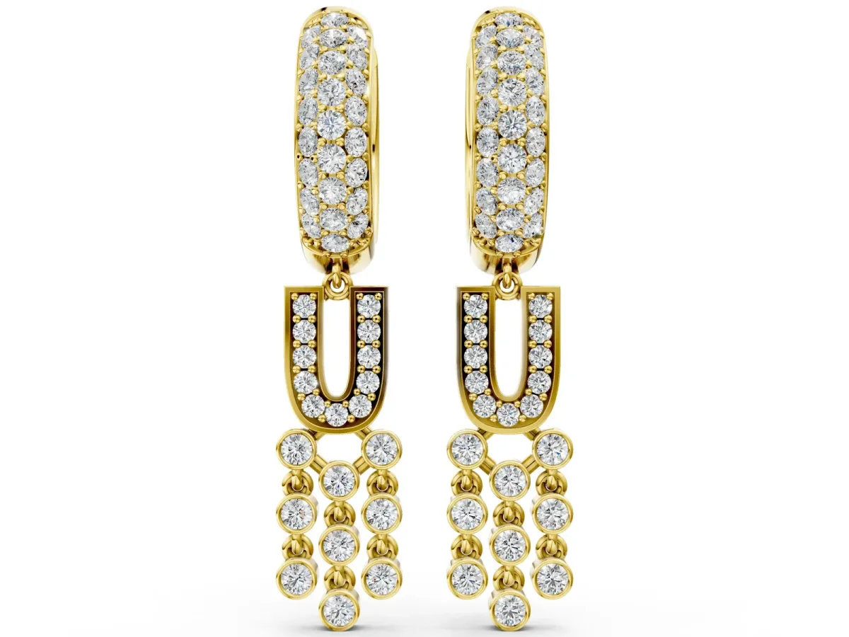 Round Diamond Initial U Huggie Hoop Earrings Yellow gold