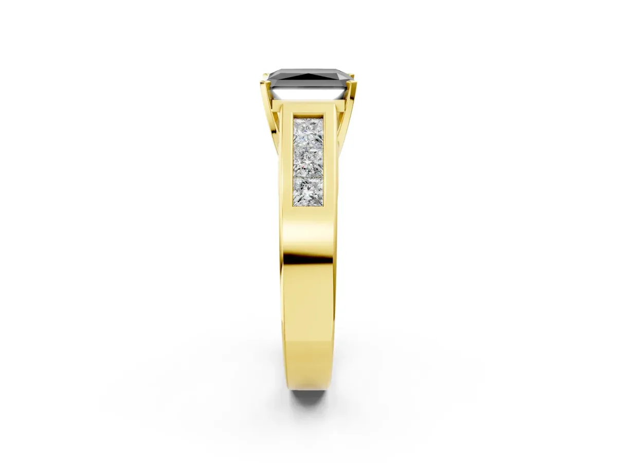 Fancy Black Radiant Cut Cut Channel Set Solitaire Ring with Four-Prong Setting Yellow gold