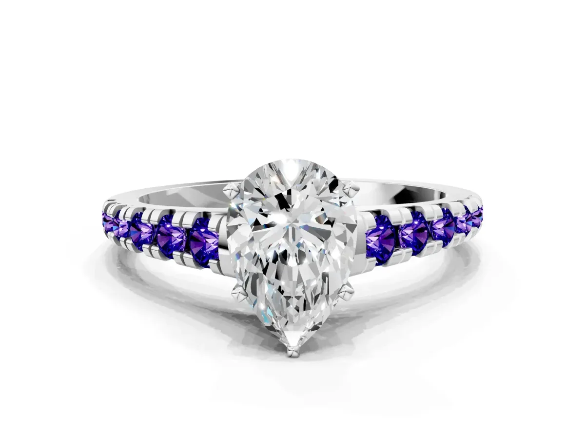 Pear Cut Diamond Cathedral Solitaire Ring with Round Tanzanite Pavé Band Silver
