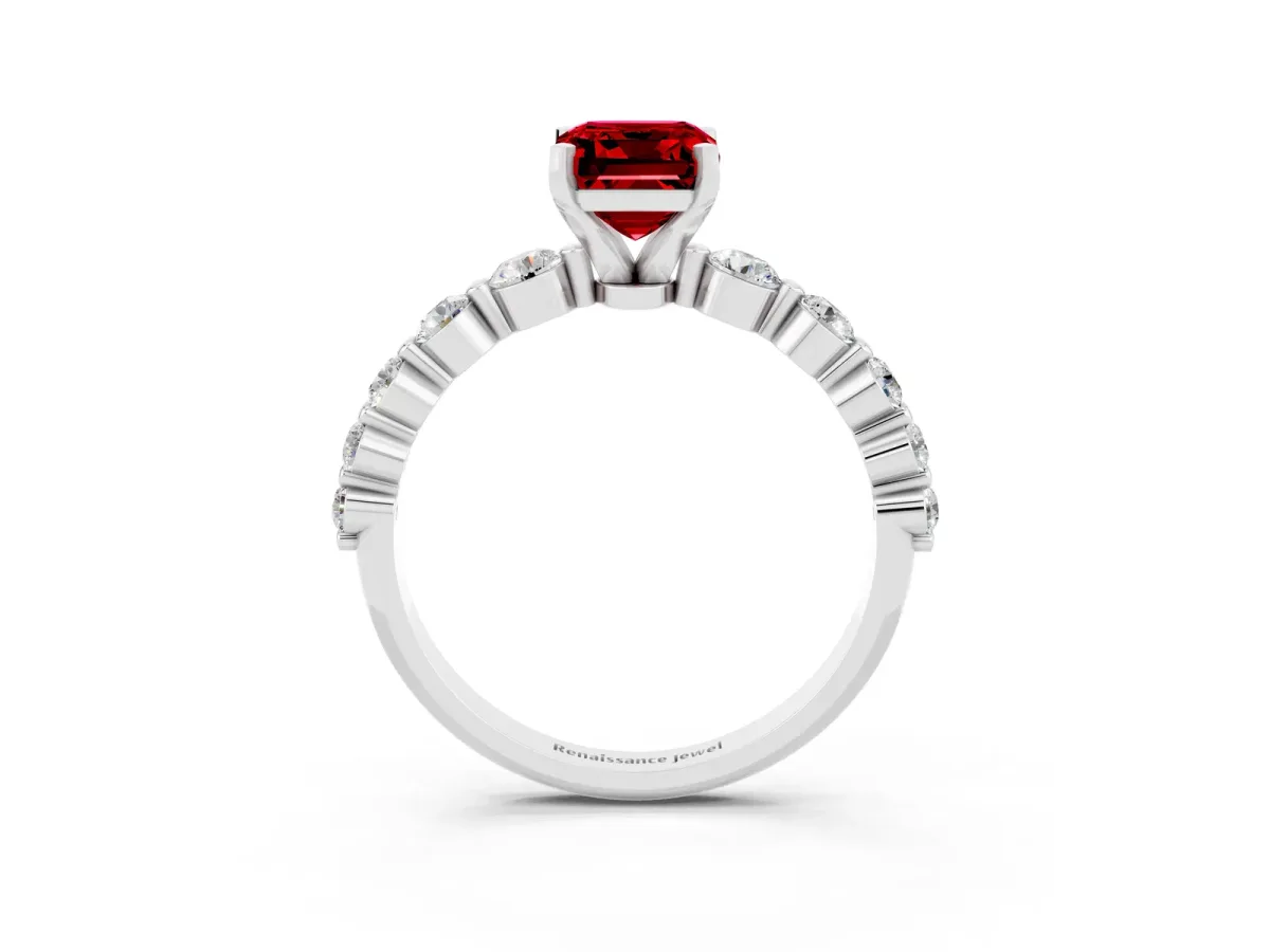 Emerald Cut Solitaire Ruby Ring with Pave Band and Four-Prong Setting Silver