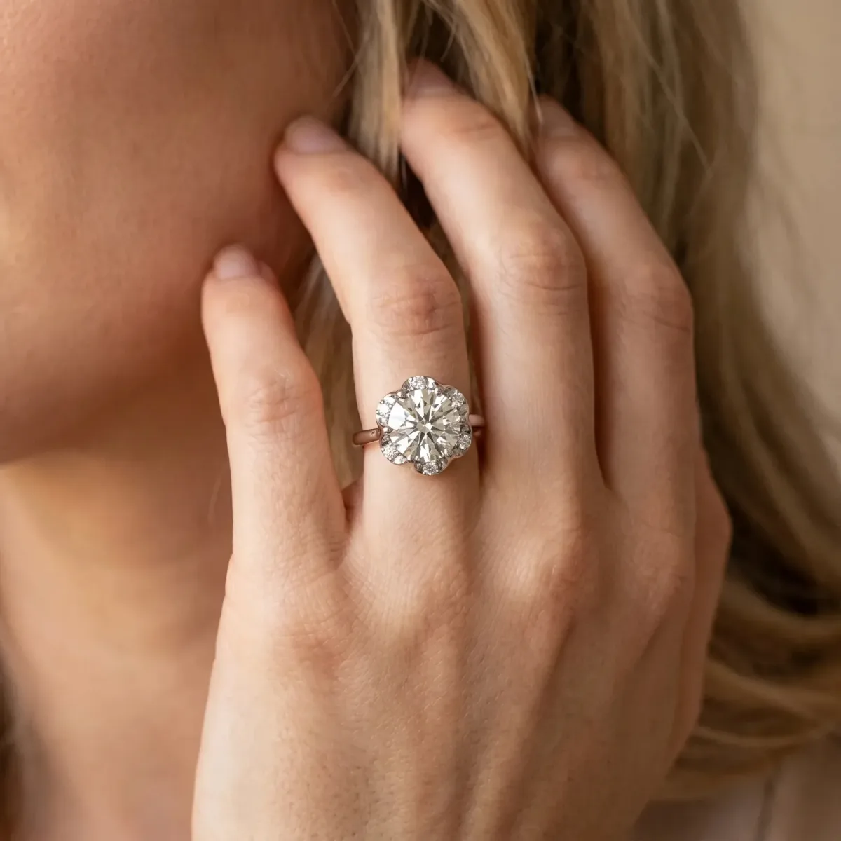 Round Cut Brilliant Halo Solitaire Ring with Scalloped Prong Setting Silver