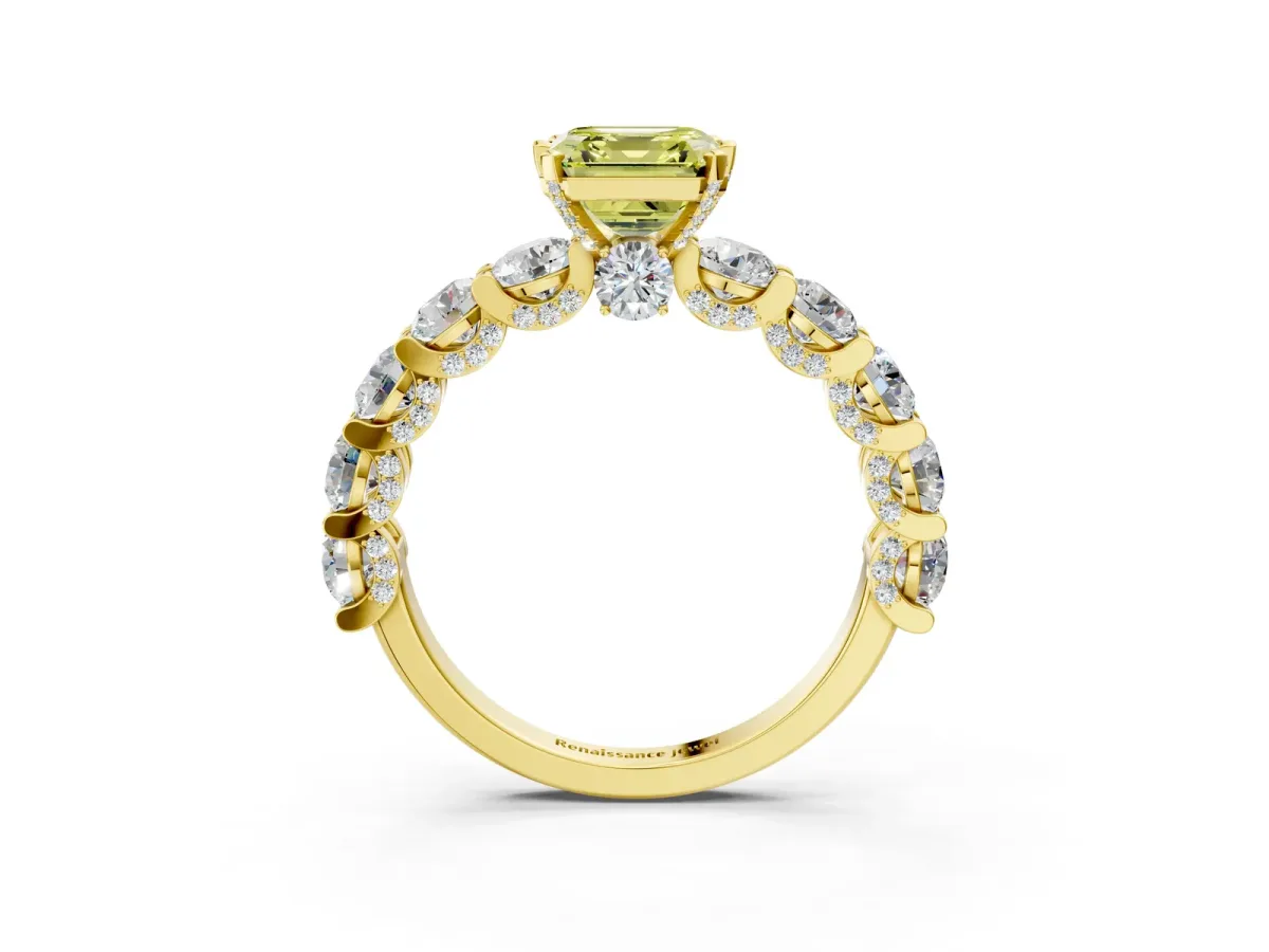Fancy Yellow Asscher Cut Diamond Side Stone Engagement Ring with Four-Prong Setting Yellow gold