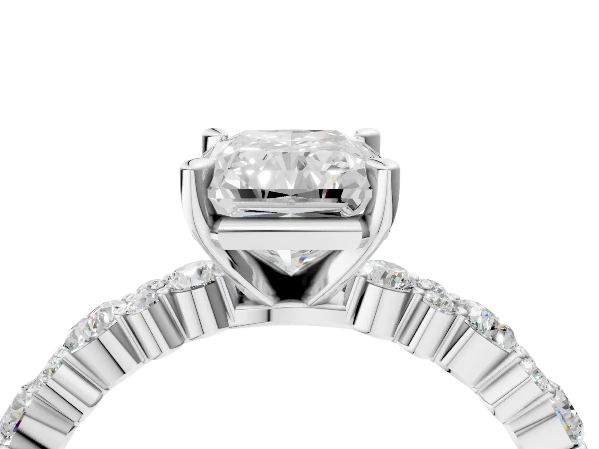 Radiant Cut Diamond Side Stone Solitaire Ring with Round Moissanite and Four-Prong Setting Platinum