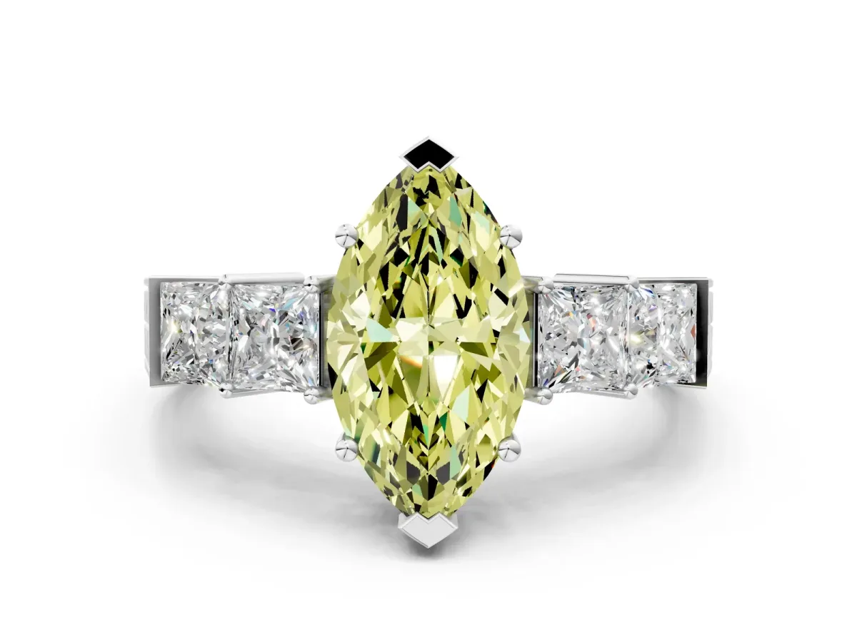 Fancy Yellow Marquise Cut Solitaire Princess Side Stone Engraved Band Prong Setting Ring Silver
