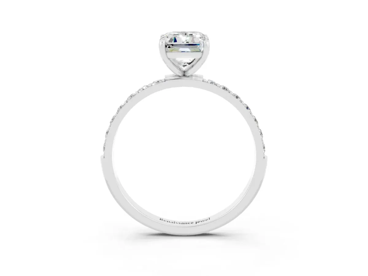 Emerald Cut Moissanite Solitaire Ring with Round Pavé Band and Prong Setting Platinum