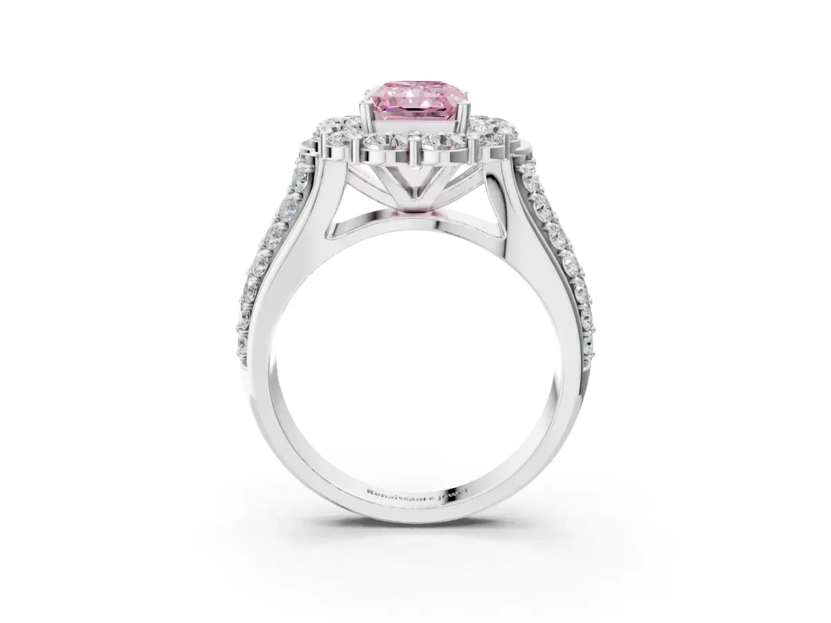 Fancy Pink Radiant Cut Halo Diamond Engagement Ring with Split Shank and Prong Setting Platinum