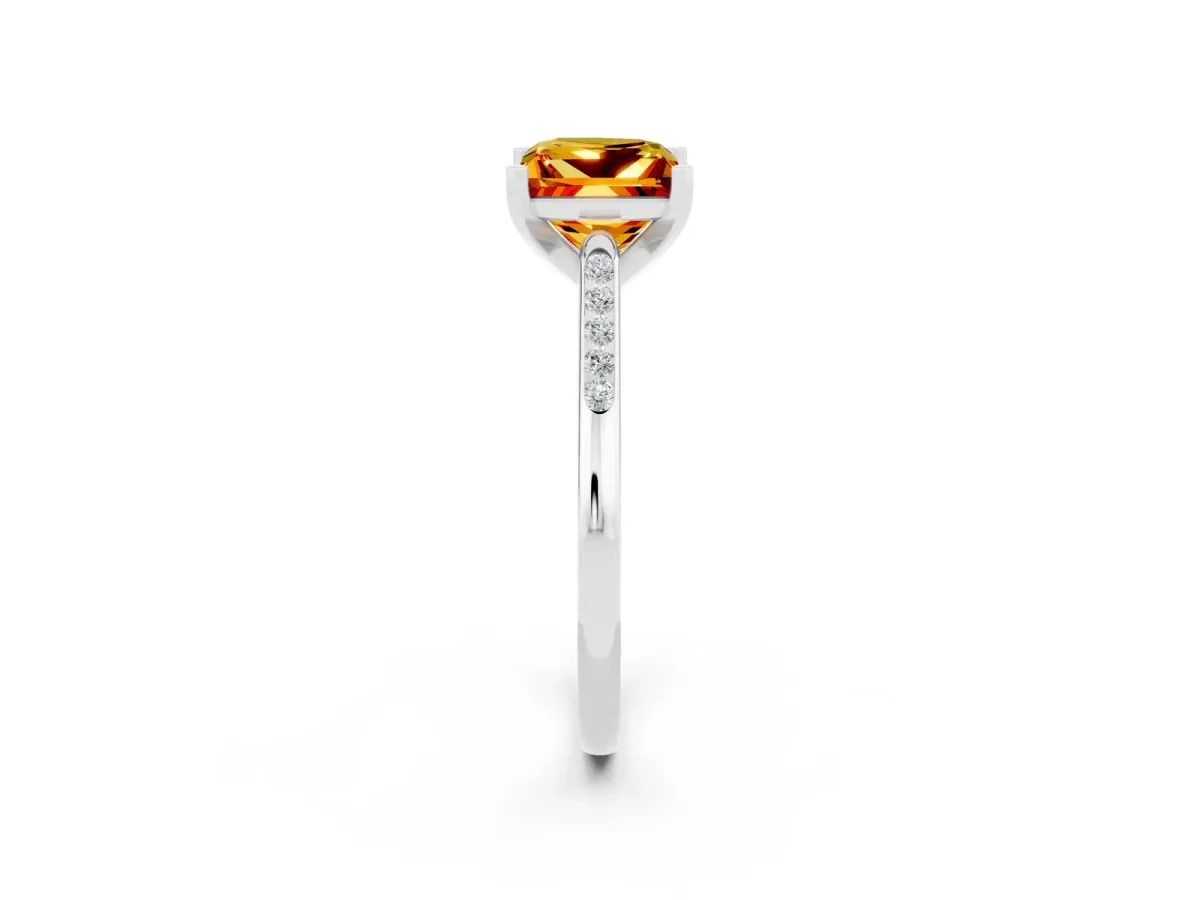 Princess Cut Citrine Solitaire Ring with Channel Set Round Band and Prong Setting Silver