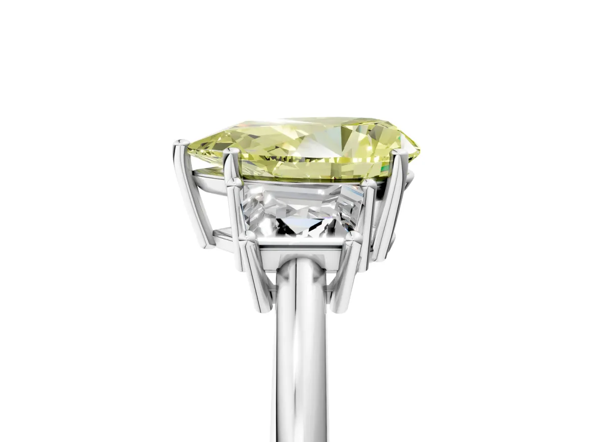 Fancy Yellow Pear Cut Diamond Three-Stone Ring with Trapezoid Side Stones and Prong Setting Silver
