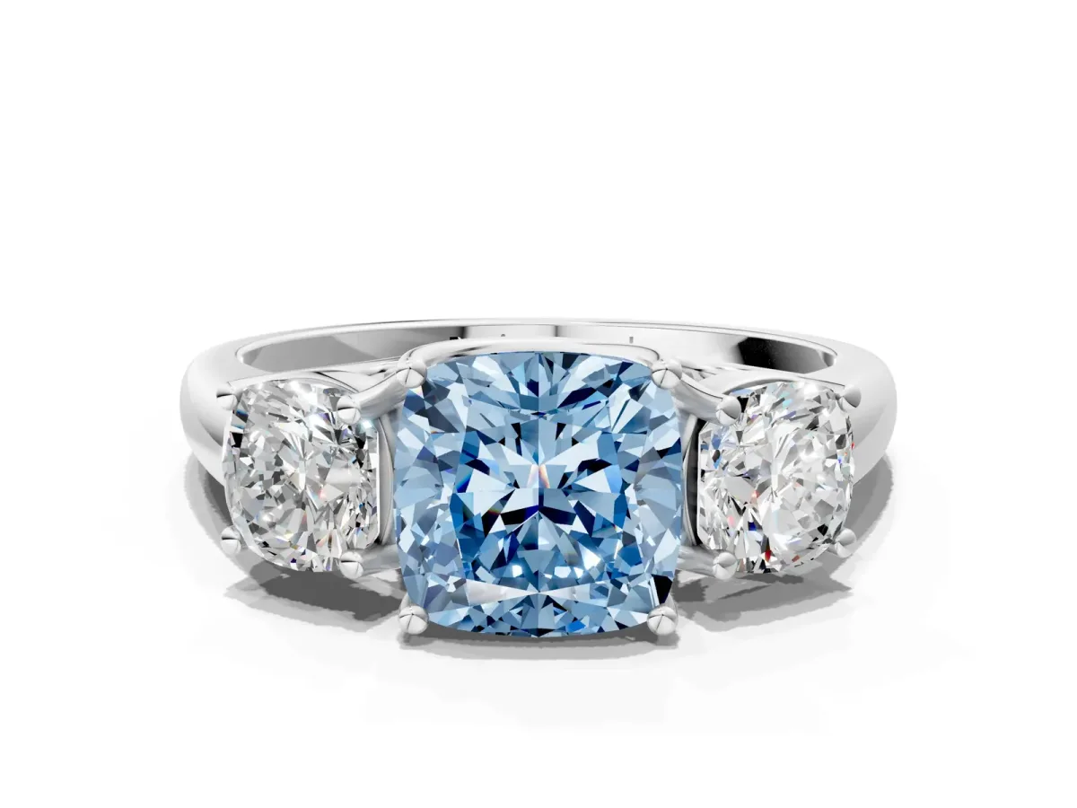 Fancy Blue Three-Stone Cushion Cut Diamond Engagement Ring with Prong Setting White gold