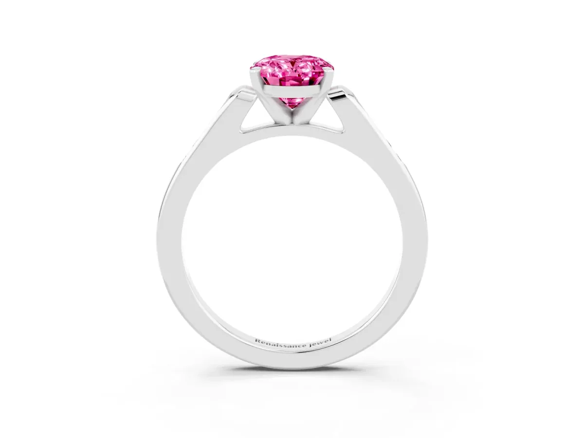 Oval Cut Pink Sapphire Solitaire Ring with Channel Set Round Band and Prong Setting Silver