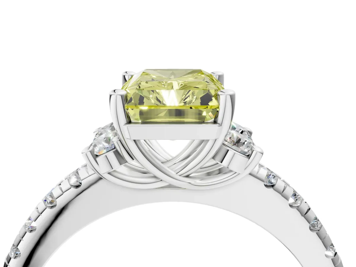 Fancy Yellow Radiant Cut Diamond Three-Stone Pave Band with Four-Prong Setting Platinum