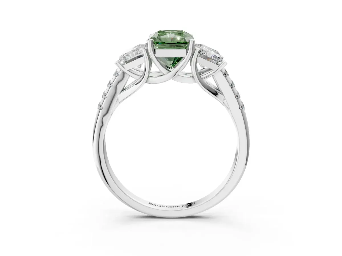 Fancy Green Three-Stone Radiant Cut Diamond Ring with Round Pavé Band and Prong Setting Silver
