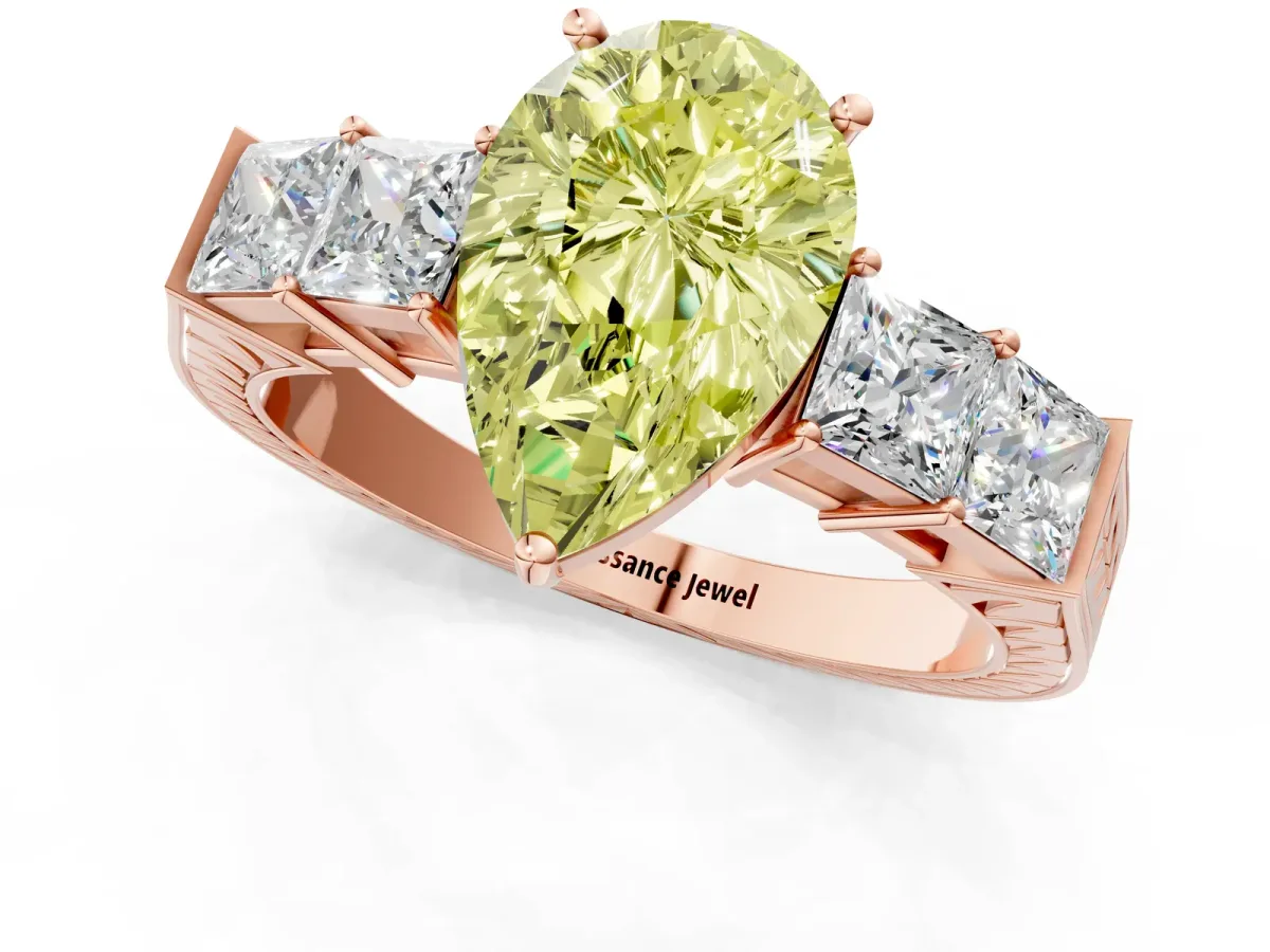 Fancy Yellow Pear Cut Solitaire Princess Side Stone Engraved Band Prong Setting Ring Rose gold