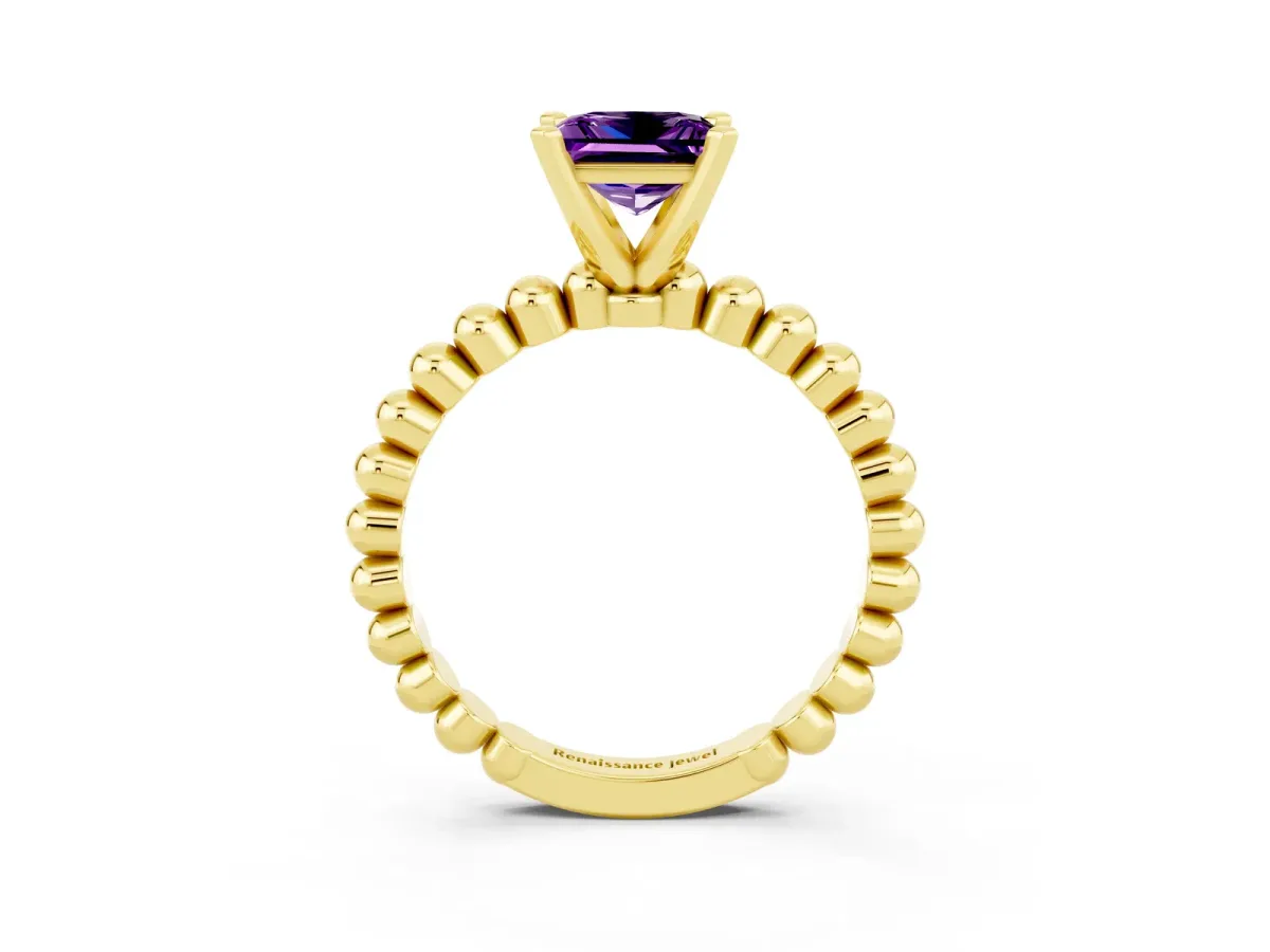Princess Cut Amethyst Solitaire Ring with Beaded Band and Prong Setting Yellow gold