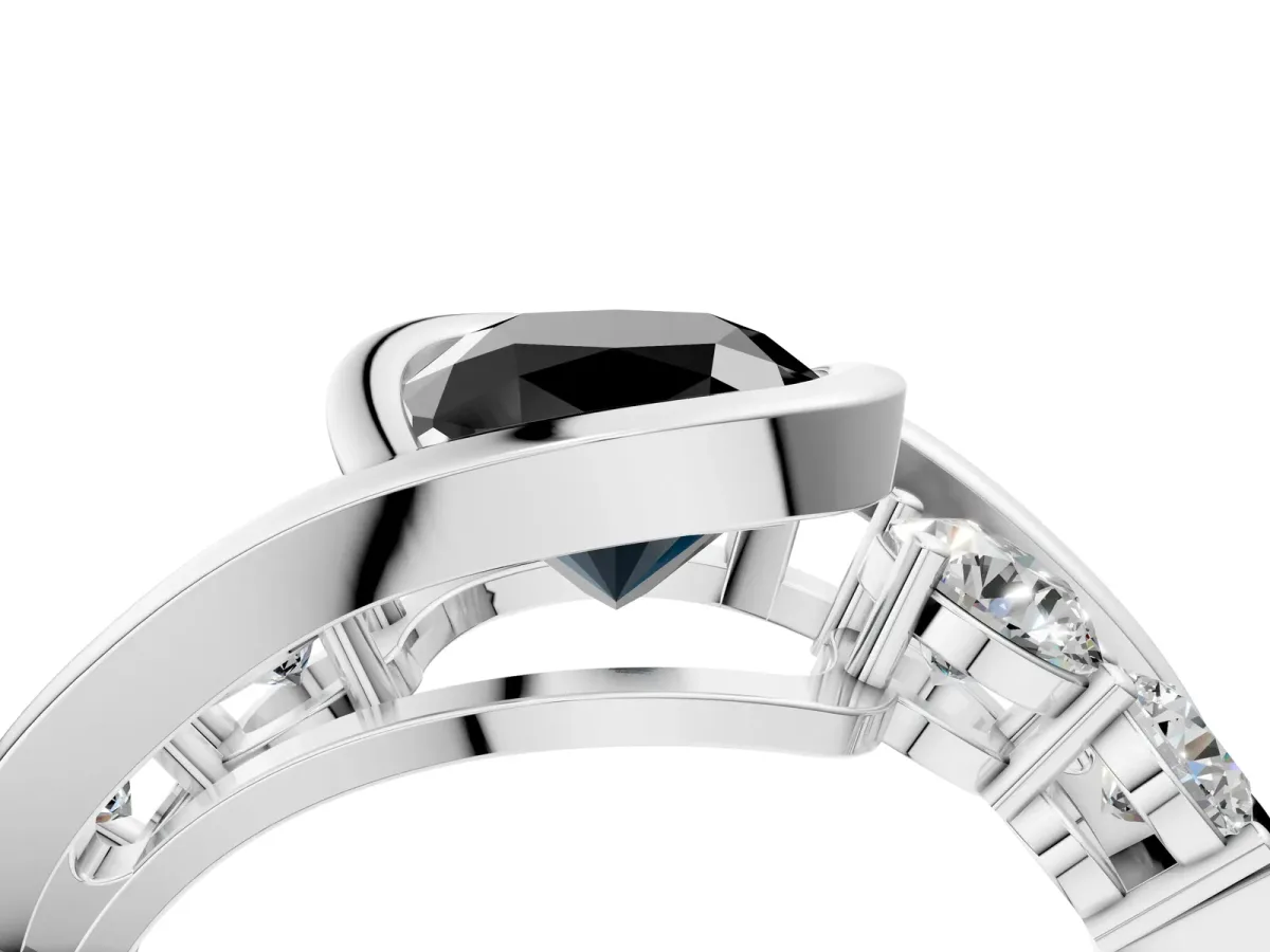 Fancy Black Bezel Set Cushion Cut Diamond Bypass Ring with Round Accents Platinum