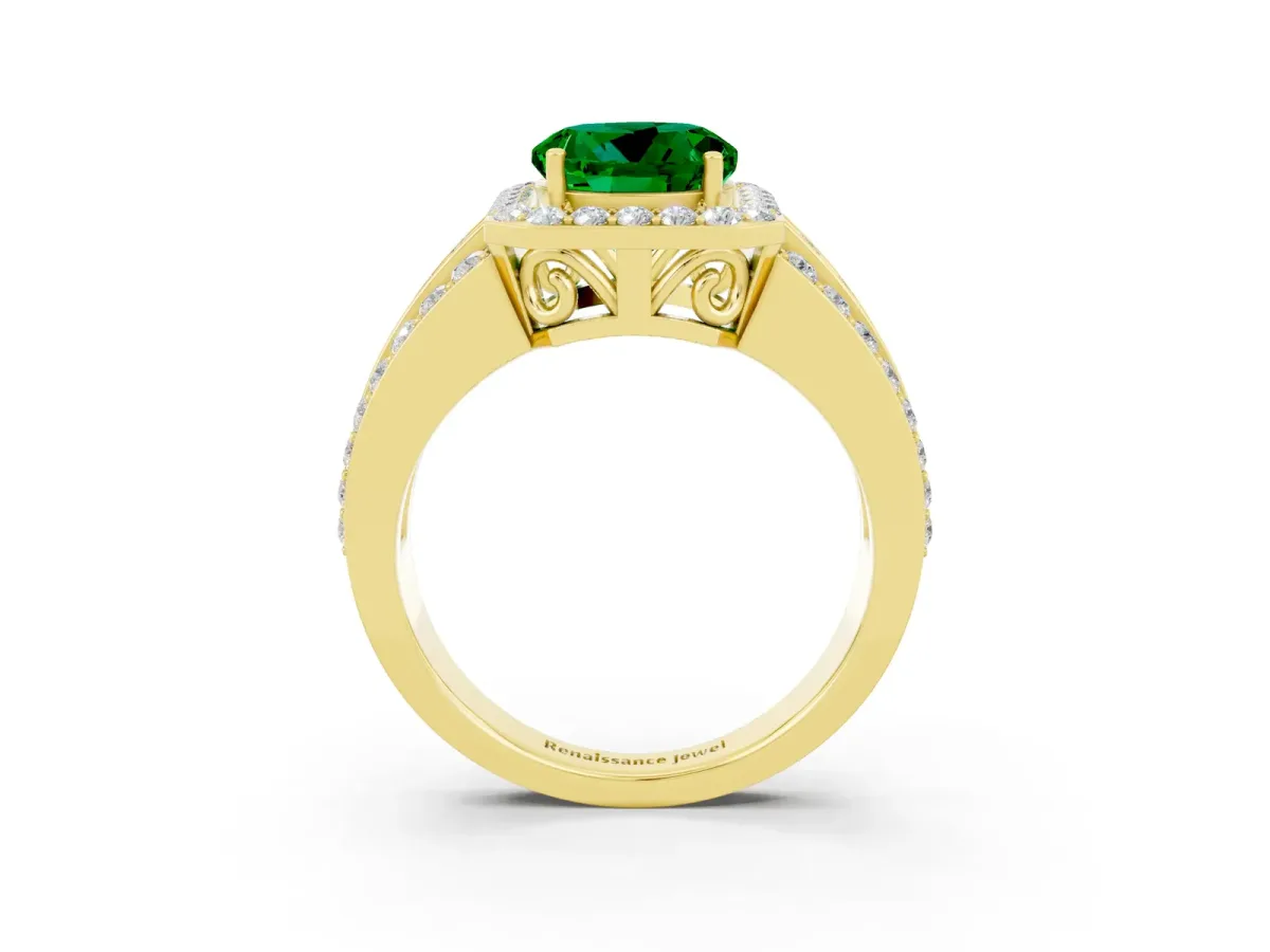 Round Cut Halo Emerald Ring with Round Split Shank and Prong Setting Yellow gold
