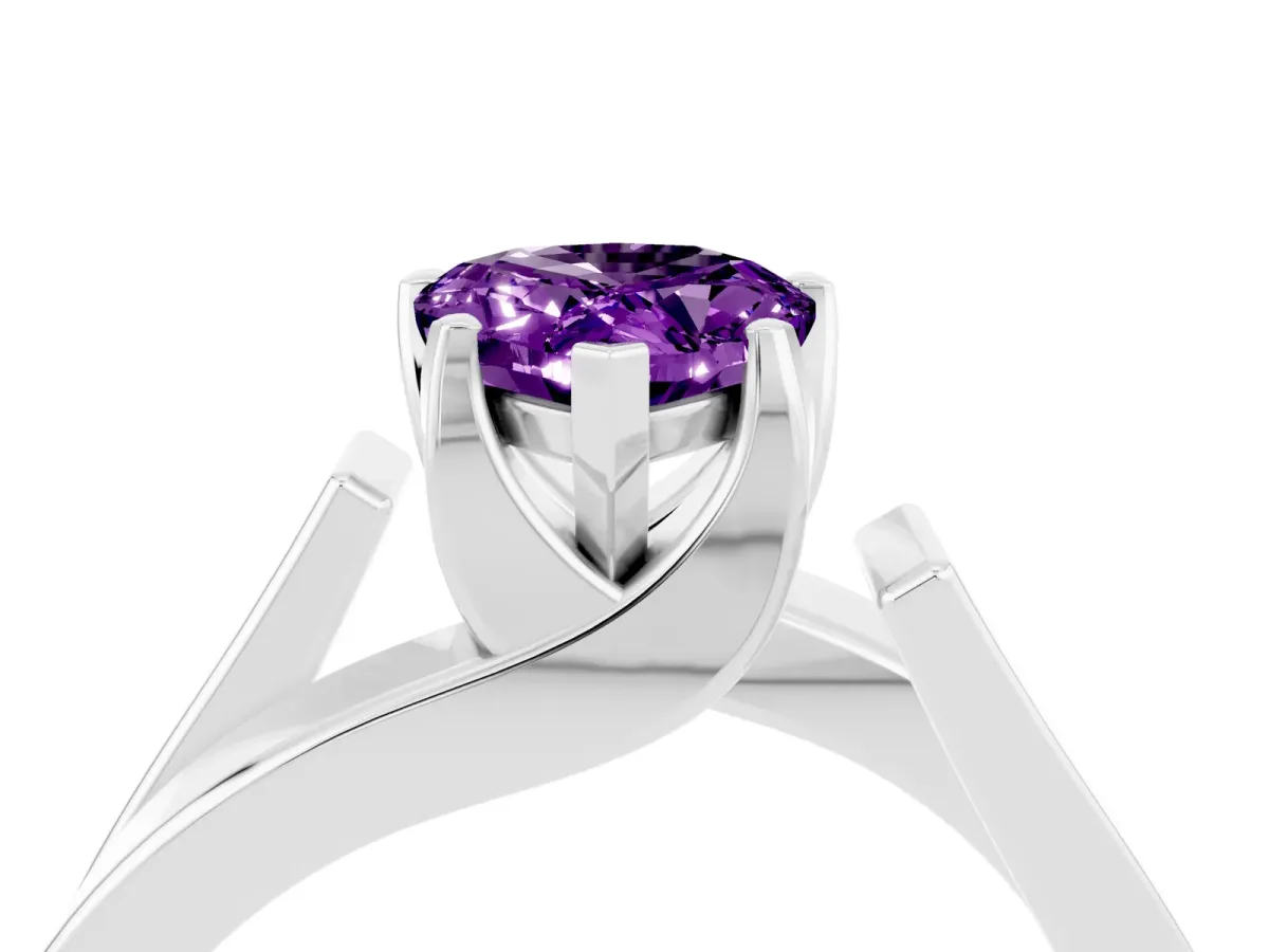 Modern Tension Set Pear Cut Amethyst Solitaire Wide Band Ring Silver