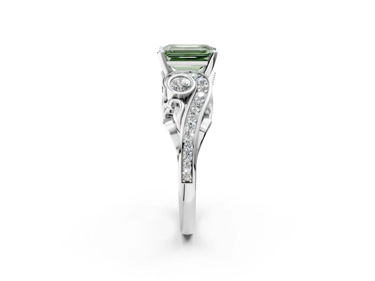 Fancy Green Emerald Cut Diamond Solitaire Ring with Milgrain Pavé Band and Four-Prong Setting Silver