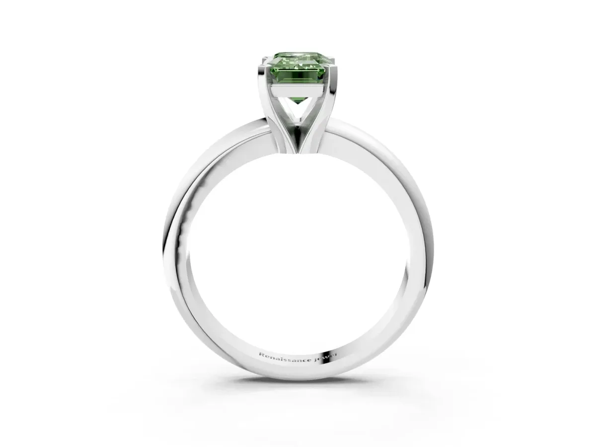 Fancy Green Emerald Cut Diamond Solitaire Engagement Ring with Round Band and Four-Prong Setting Silver
