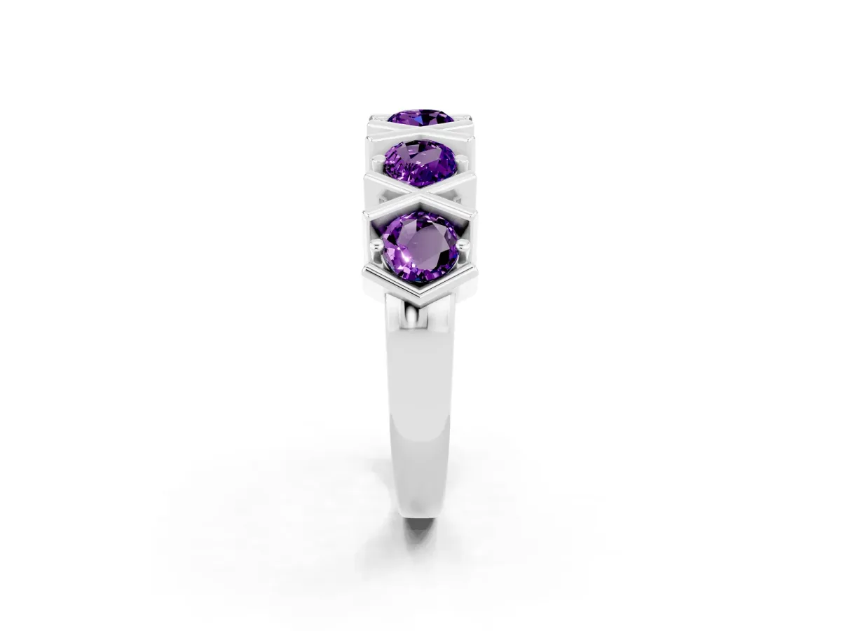 Round Amethyst Channel Set Band with X-Prong Detail Silver