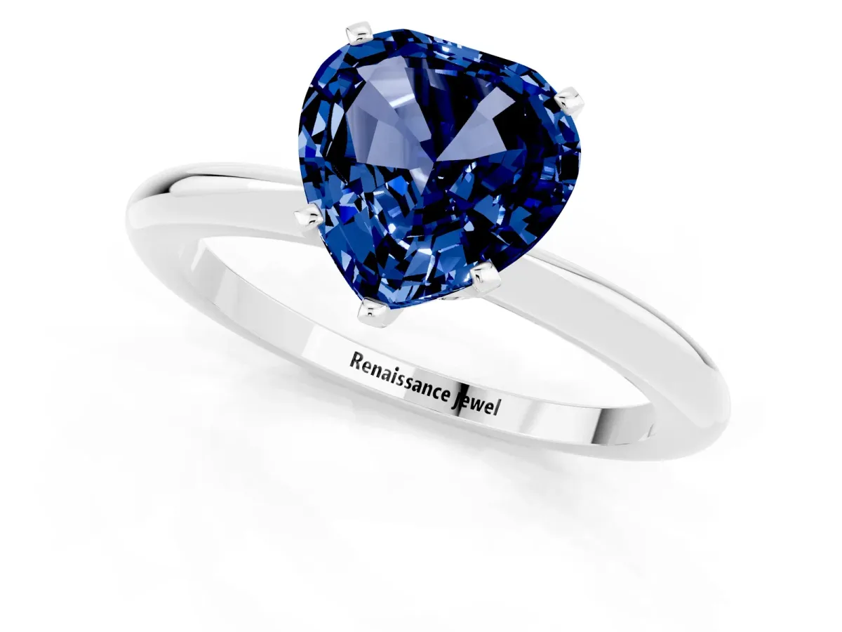 Heart Cut Blue Sapphire Solitaire Ring with Six-Prong Setting and Classic Band Silver