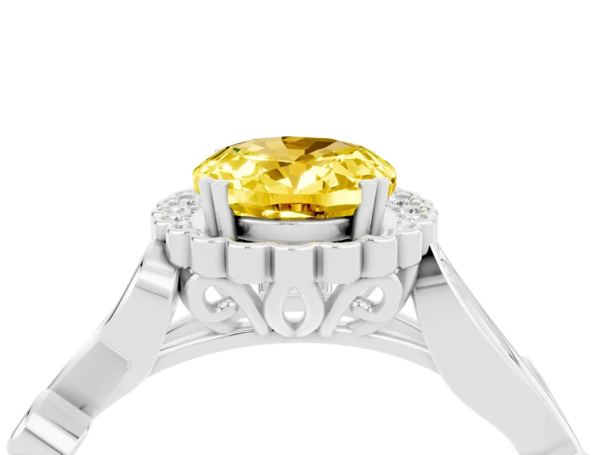 Oval Cut Yellow Sapphire Halo Ring with Vintage Split Shank and Four-Prong Setting Silver