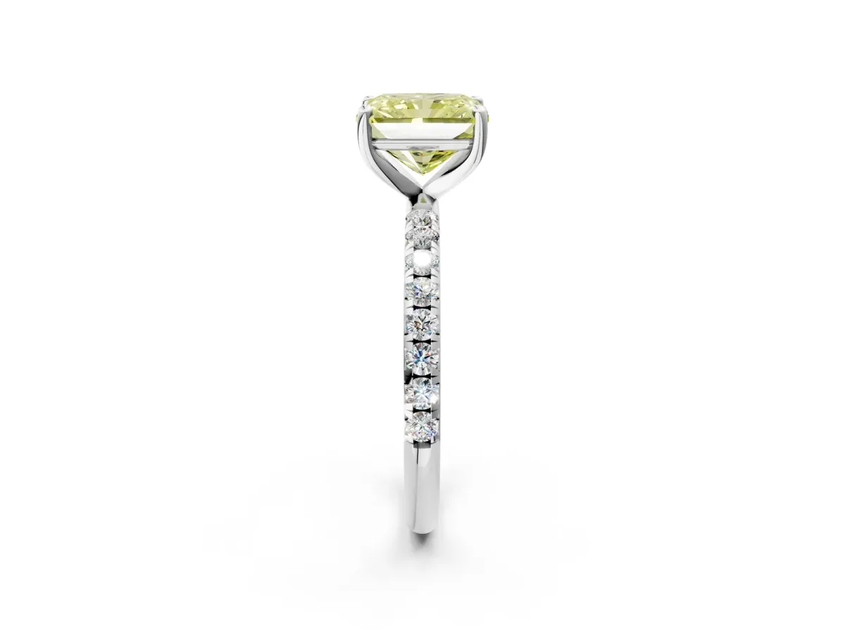 Fancy Yellow Radiant Cut Cut Diamond Solitaire Ring with Micro Pave Band and Four Prong Setting Platinum