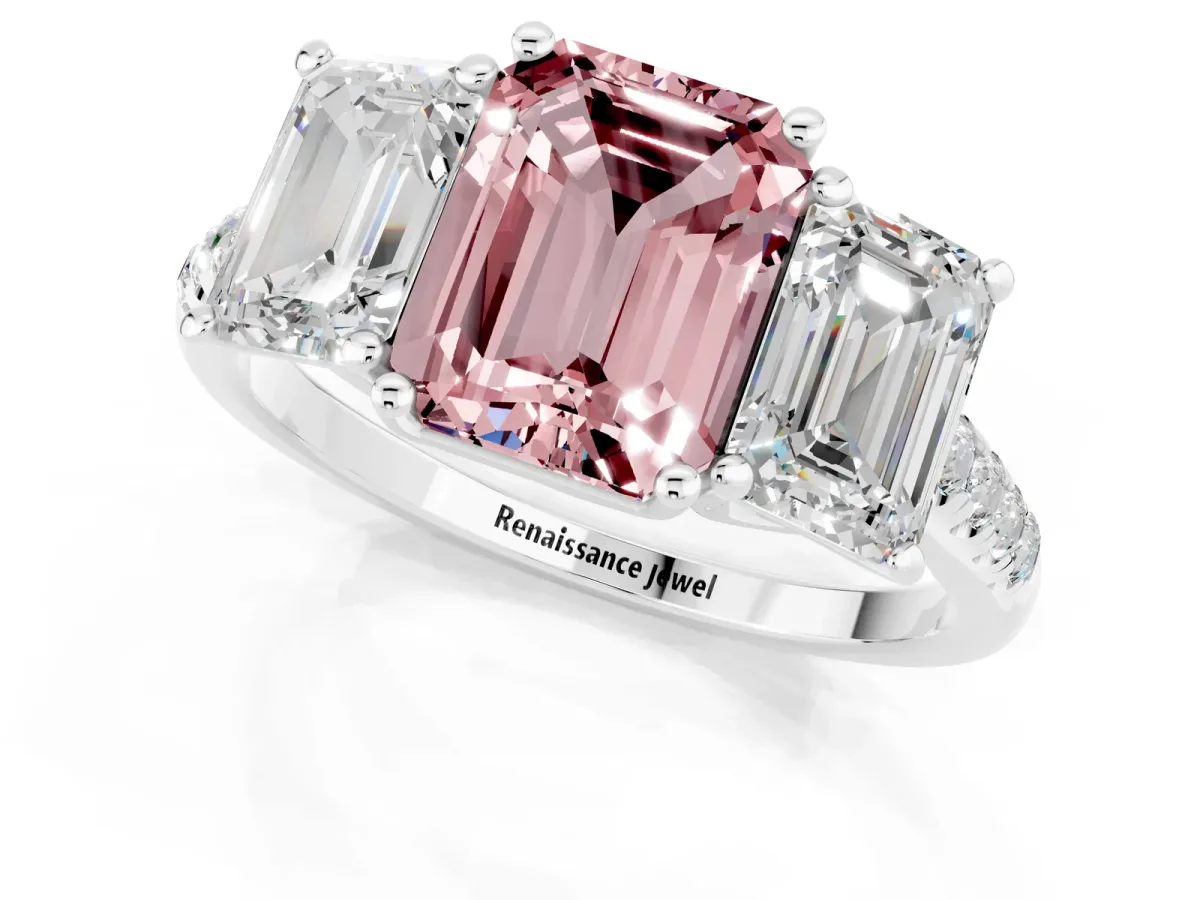 Three-Stone Emerald Cut Morganite Ring with Round Pavé Band and Prong Setting Platinum