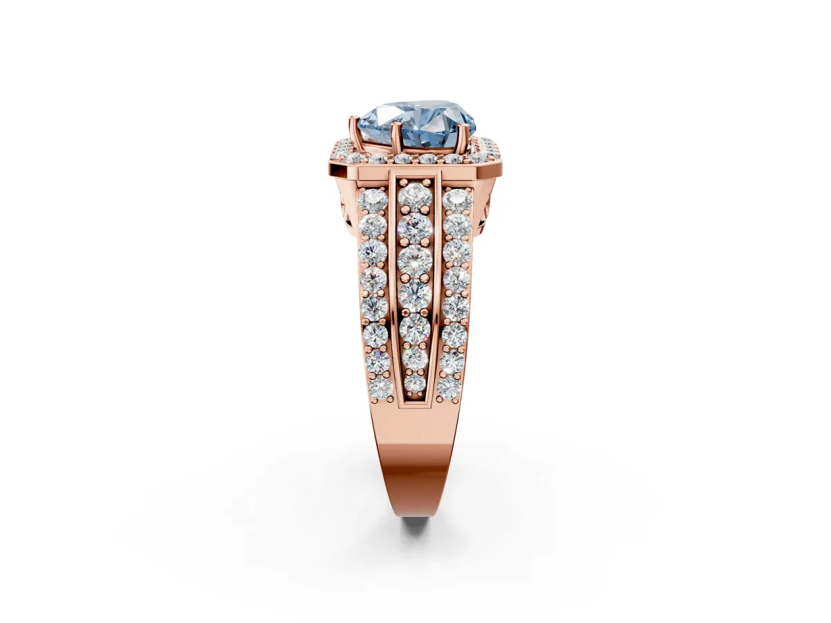 Fancy Blue Heart Cut Halo Diamond Ring with Round Split Shank and Prong Setting Rose gold