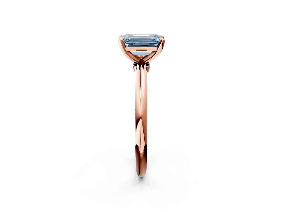 Fancy Blue Emerald Cut Diamond Solitaire Ring with Six-Prong Setting and Classic Band Rose gold