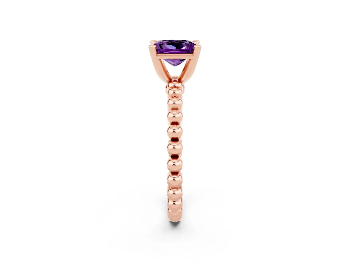 Princess Cut Amethyst Solitaire Ring with Beaded Band and Prong Setting Rose gold