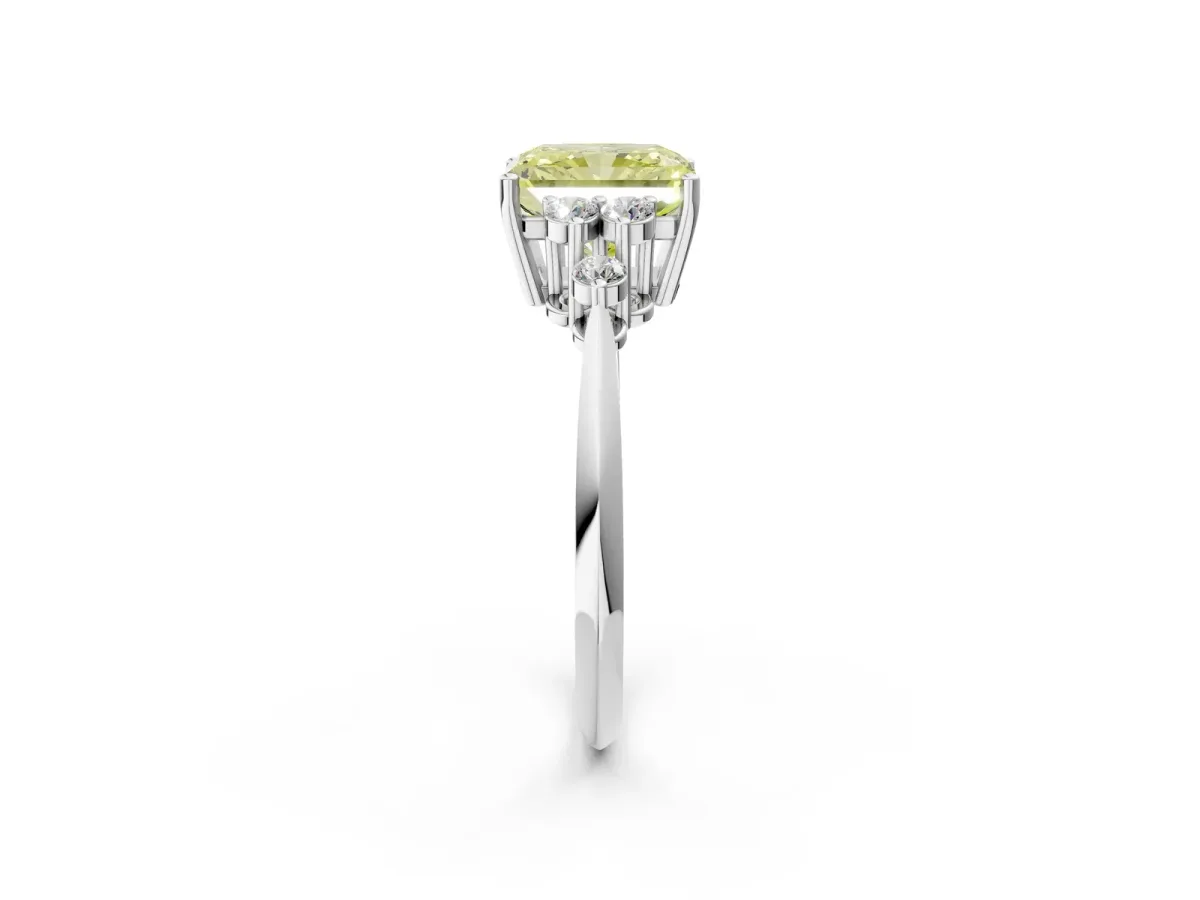 Fancy Yellow Radiant Cut Cut Diamond Cluster Ring with Solitaire Band and Four-Prong Setting Platinum