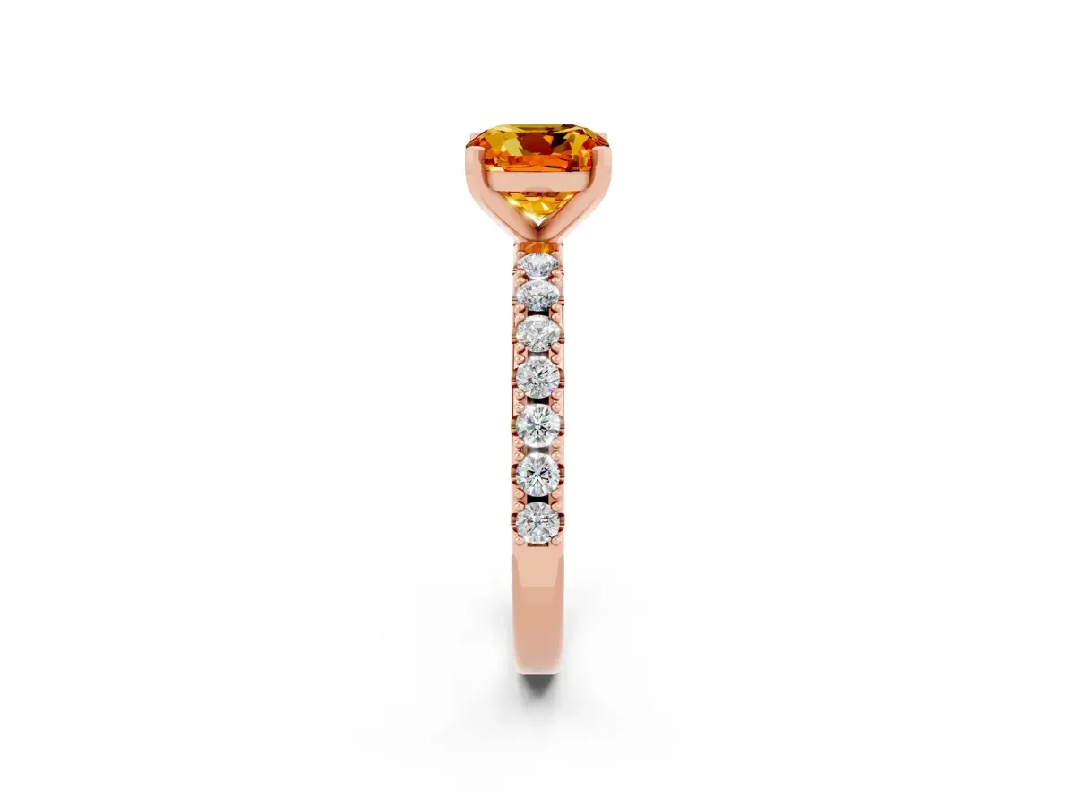 Cushion Cut Citrine Solitaire Pavé Band with Four-Prong Setting Rose gold