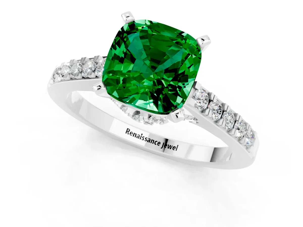 Cushion Cut Emerald Solitaire Ring with Crossover Gallery and Round Pavé Band Silver