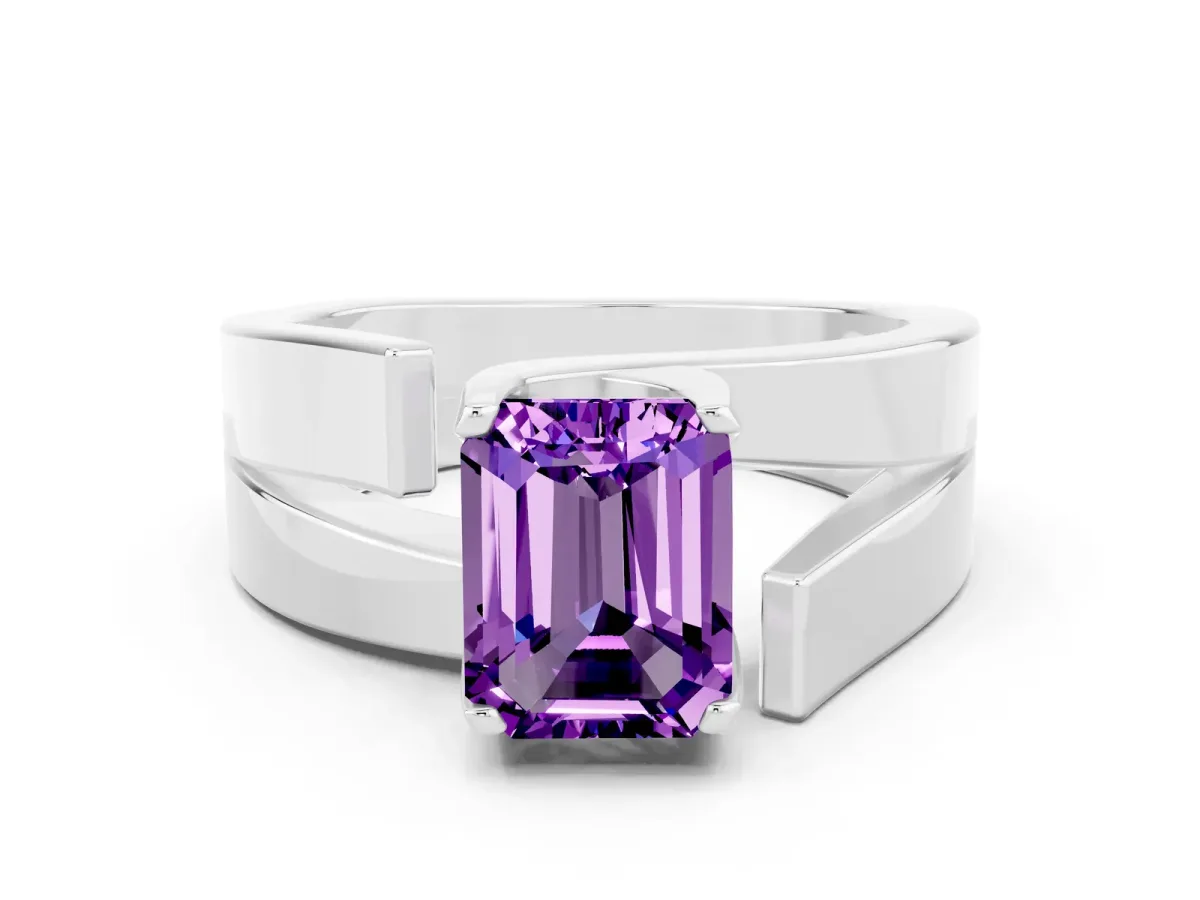 Modern Tension Set Emerald Cut Amethyst Solitaire Wide Band Ring Silver
