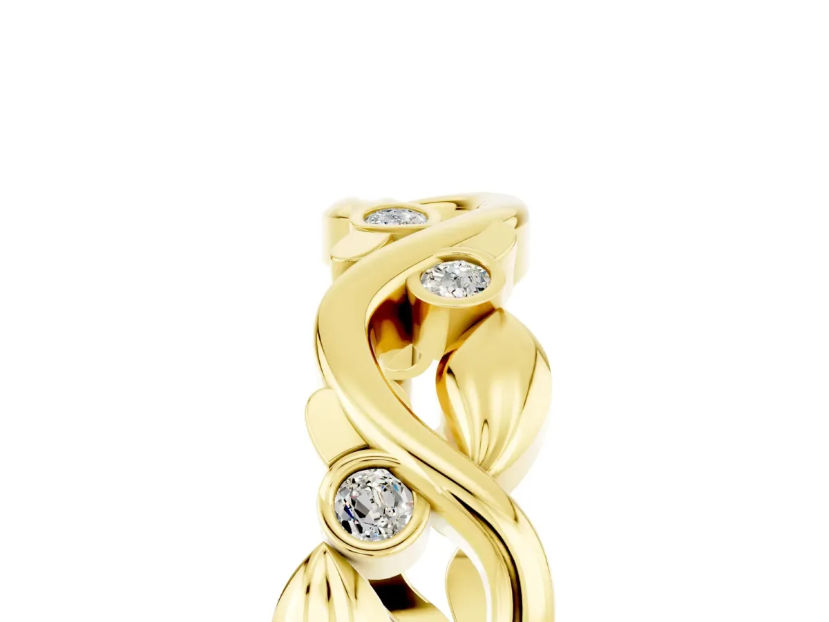 Round Moissanite Leaf Eternity Band with Bezel Setting Yellow gold