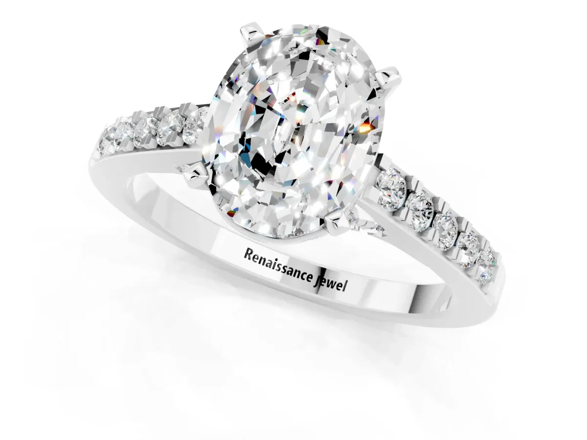Oval Cut Moissanite Solitaire Ring with Crossover Gallery and Round Pavé Band Silver