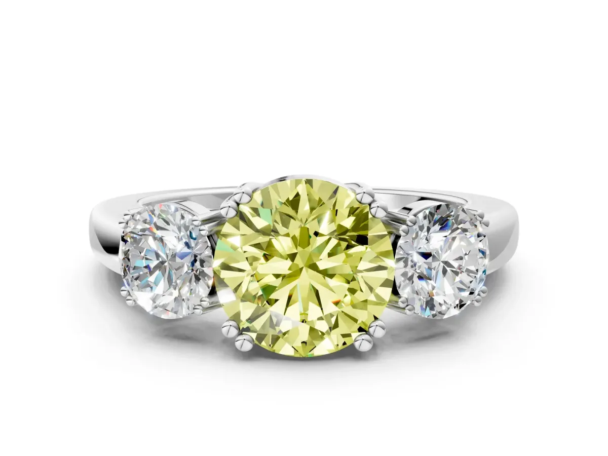 Fancy Yellow Three-Stone Round Cut Cut Diamond Ring with Channel Set Band and Four-Prong Setting Silver