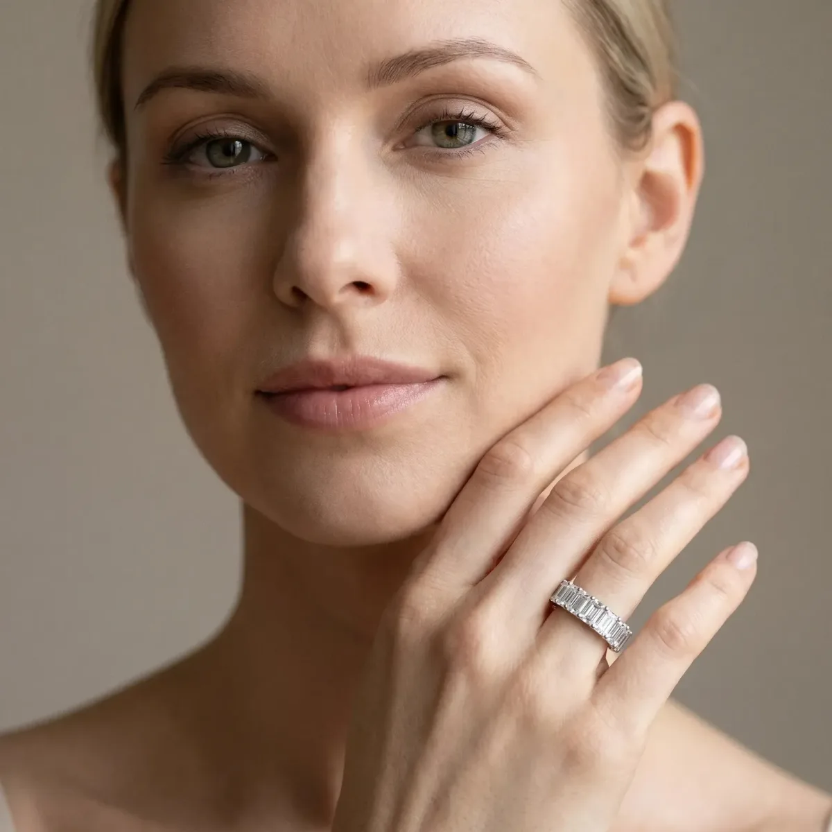 Emerald Cut Diamond Eternity Band with Shared Prong Setting White gold